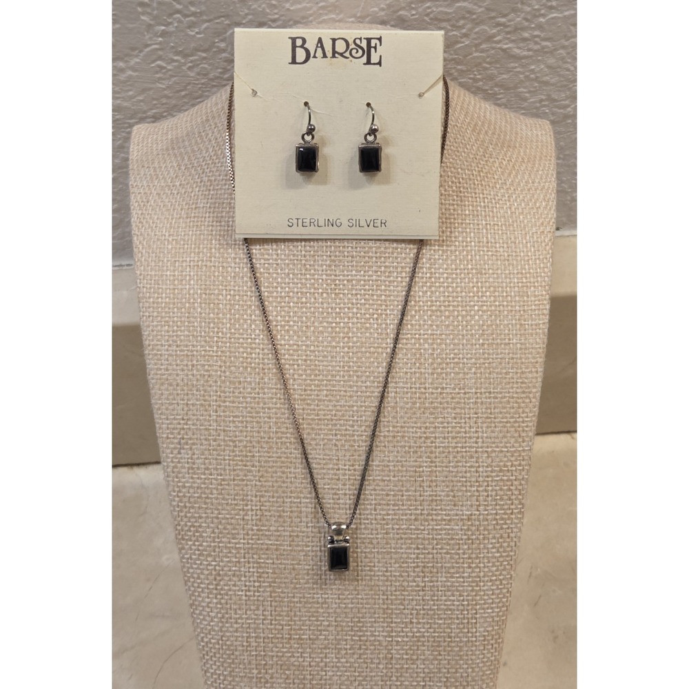New Old Stock Barse Sterling Silver & Black Onyx Necklace (16")‎ & Earrings
